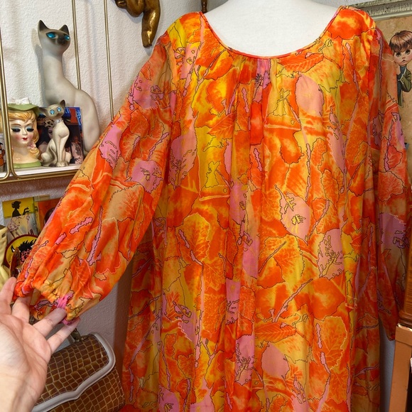 Vintage 70s Plus Size Fluorescent Orange Maxi Kaftan Dress 2X - Picture 1 of 15